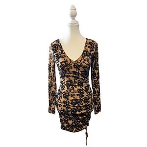 Windsor Black Tan Floral Ruched Bodycon‎ Dress Size Small